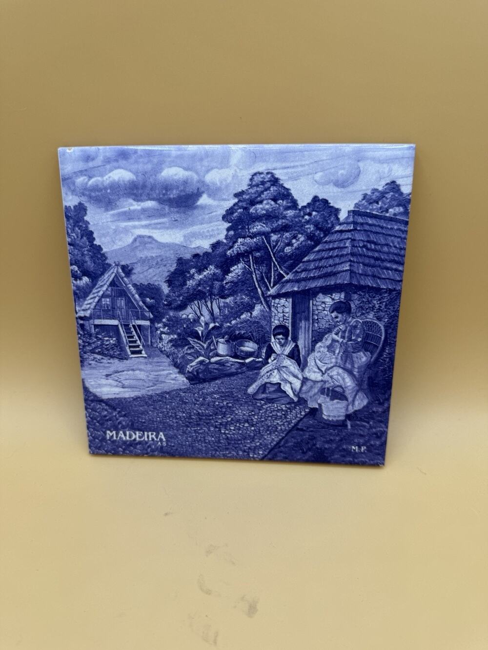 Vintage Madeira Portugal Blue White Ceramic Tile Trivet Wall Plaque Cork Back